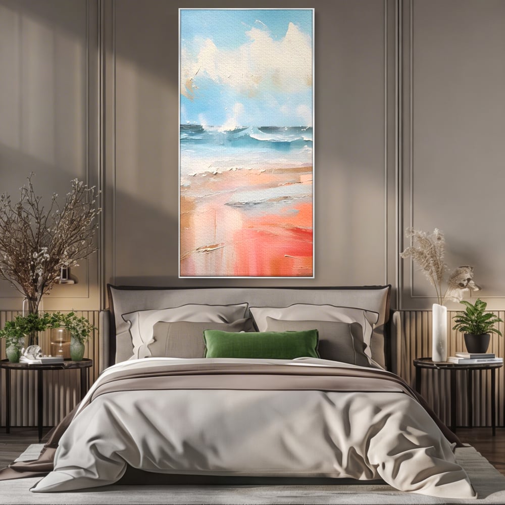 Tablou canvas cu tablou pictat cu peisaj marin abstract, in rama de aluminiu argintiu, pe perete intr-un dormitor